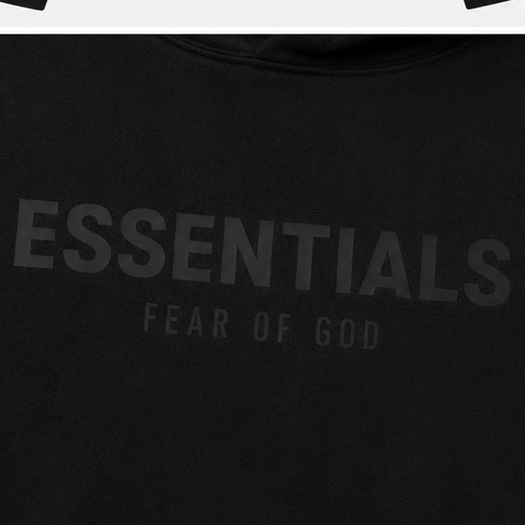 Fear of God Essentials Hoodie — Black, детайл лого